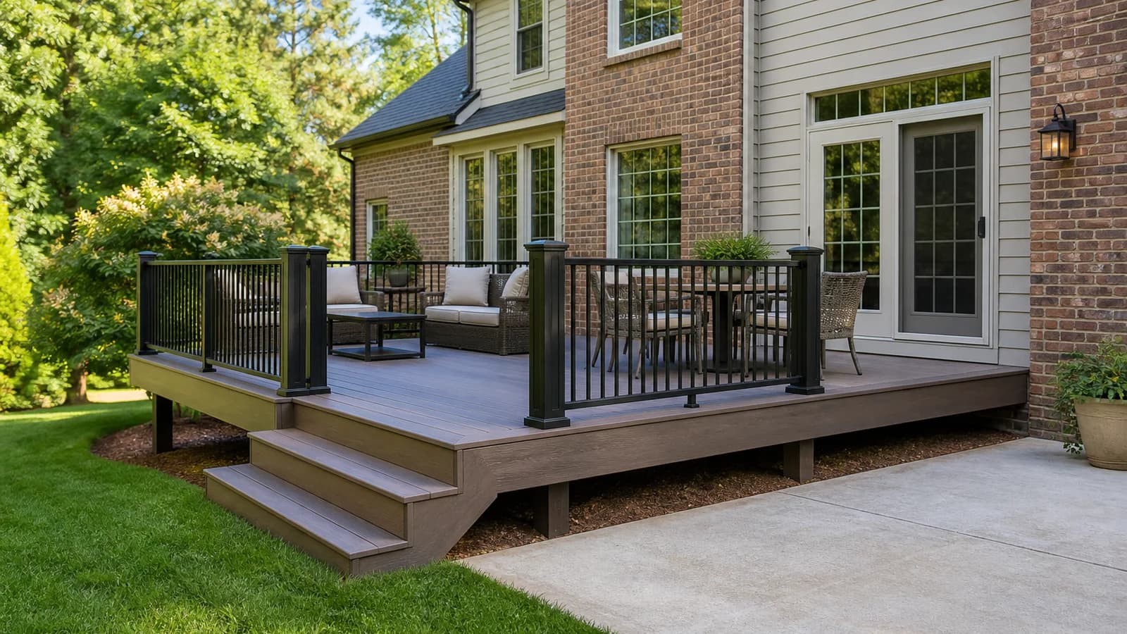 Low composite deck with black railing and steps beside an existing concrete patio at a brick-and-siding home