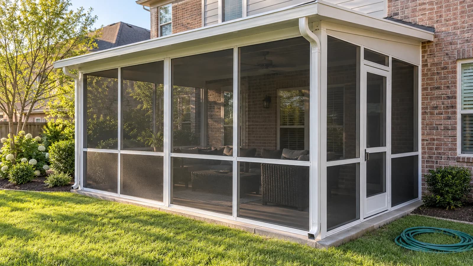 White aluminum-framed screen room with dark insect-mesh panels beside a brick home