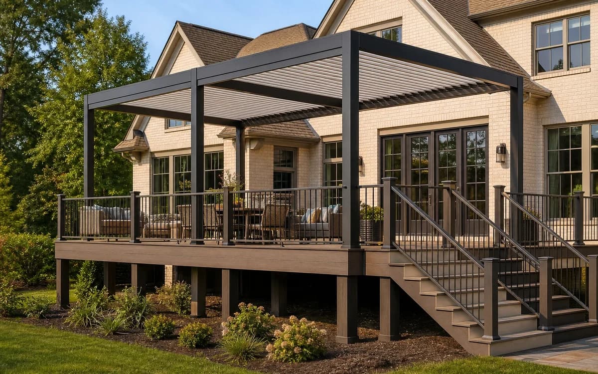 Black aluminum louvered pergola professionally integrated over a raised composite deck behind a Charlotte-area home