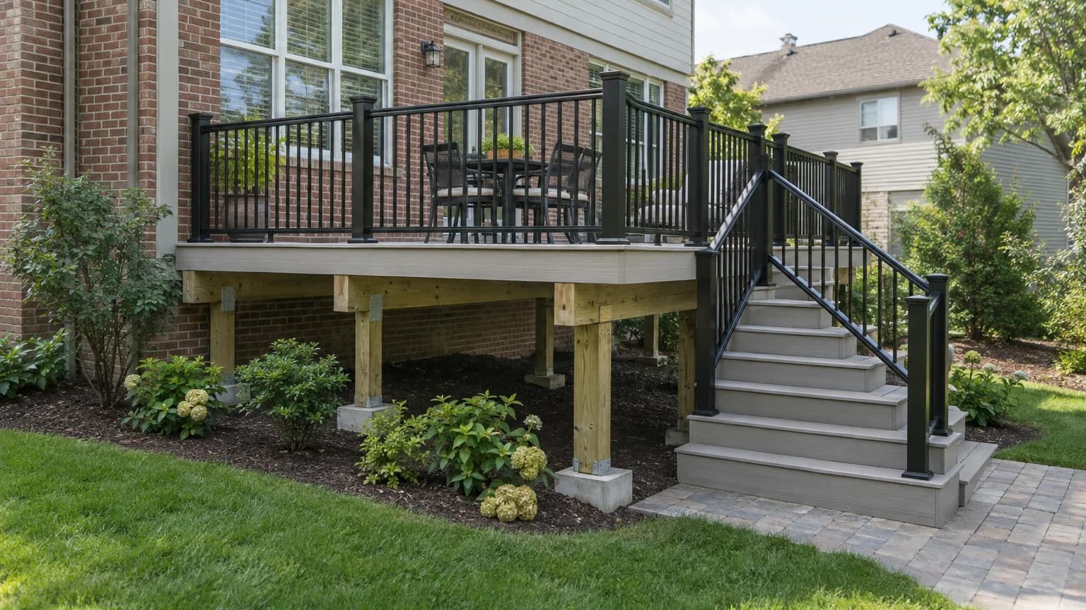 Elevated light-gray composite deck with black railing, stairs, and visible wood support framing