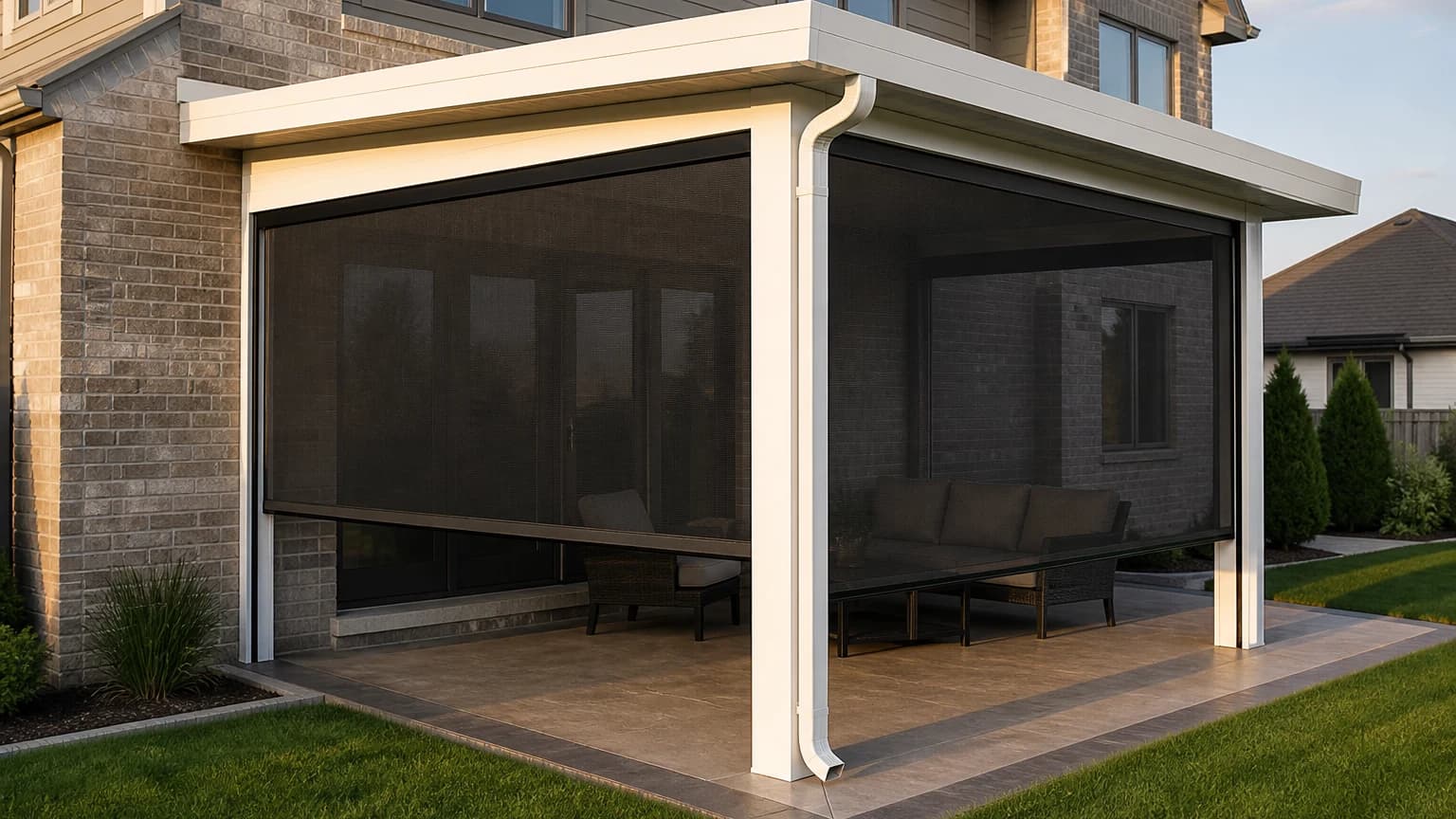 Dark retractable mesh screens lowered along two sides of a white solid-roof patio cover beside a brick home