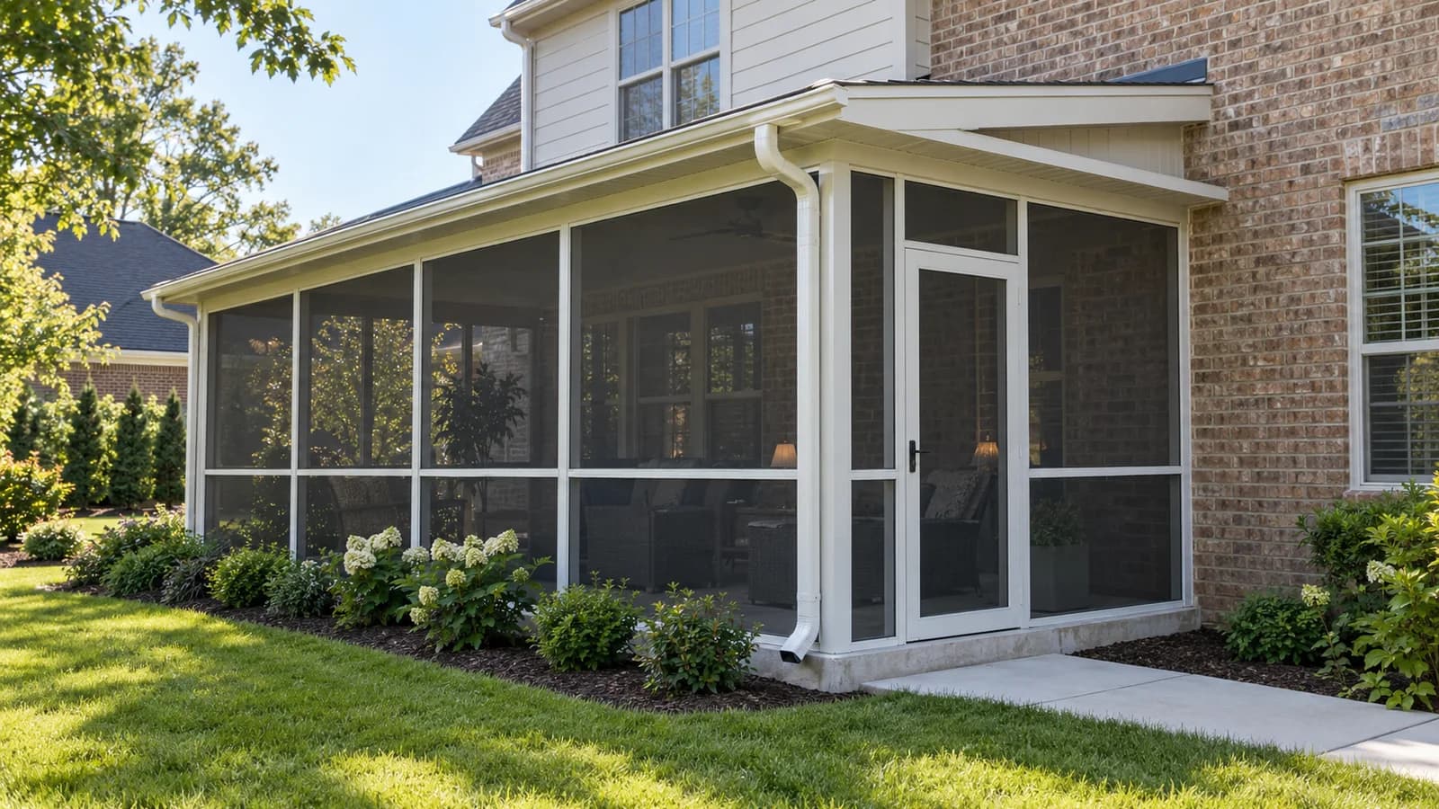 White aluminum screen room with a screened door near the yard-facing corner of a brick home