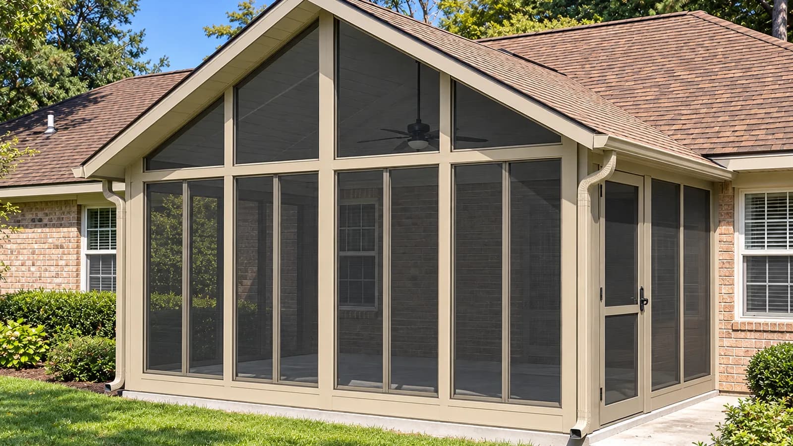Attached screen room with dark insect mesh panels and a closed screened door beside a brick home