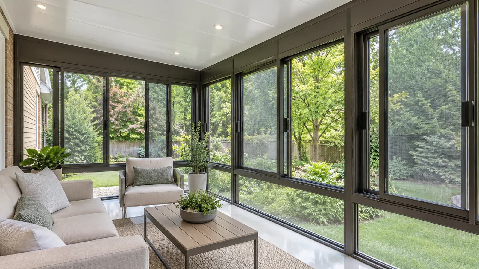 Bronze-framed sunroom with sliding glass windows and full screens overlooking a green backyard