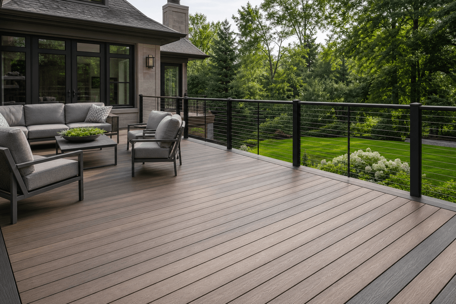 Open luxury composite deck with cable railing overlooking a landscaped yard
