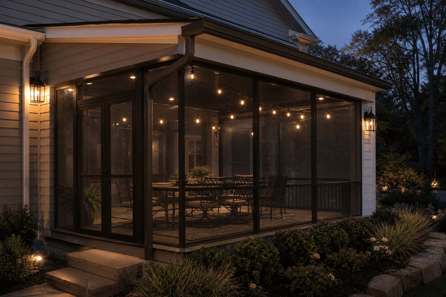 Luxury screen room with outdoor dining at dusk