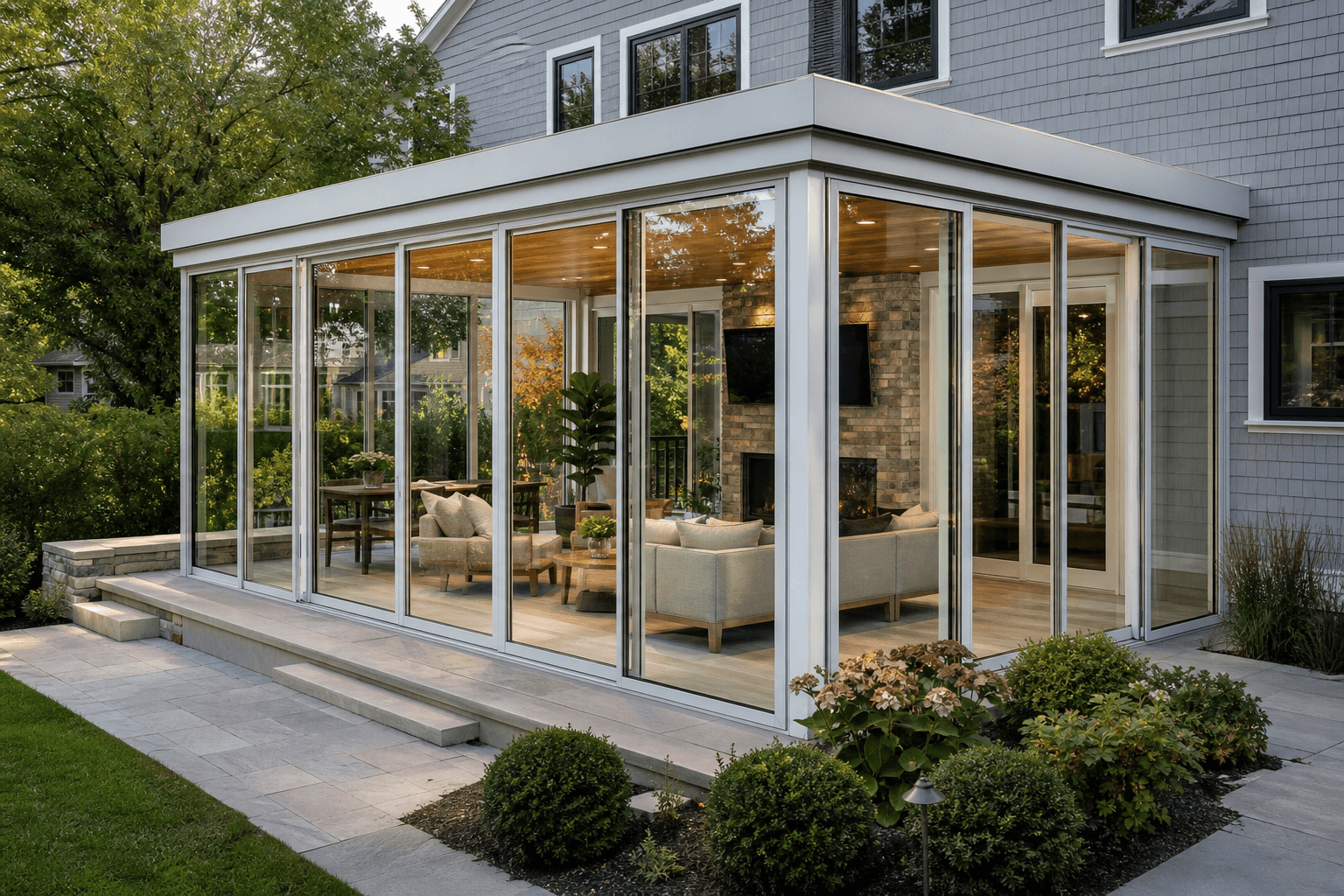 Glass enclosed studio sunroom with floor to ceiling windows on a suburban home