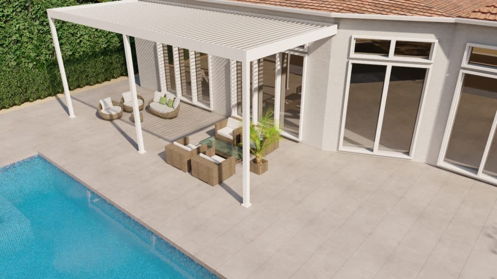 Three post louvered pergola on a pool terrace