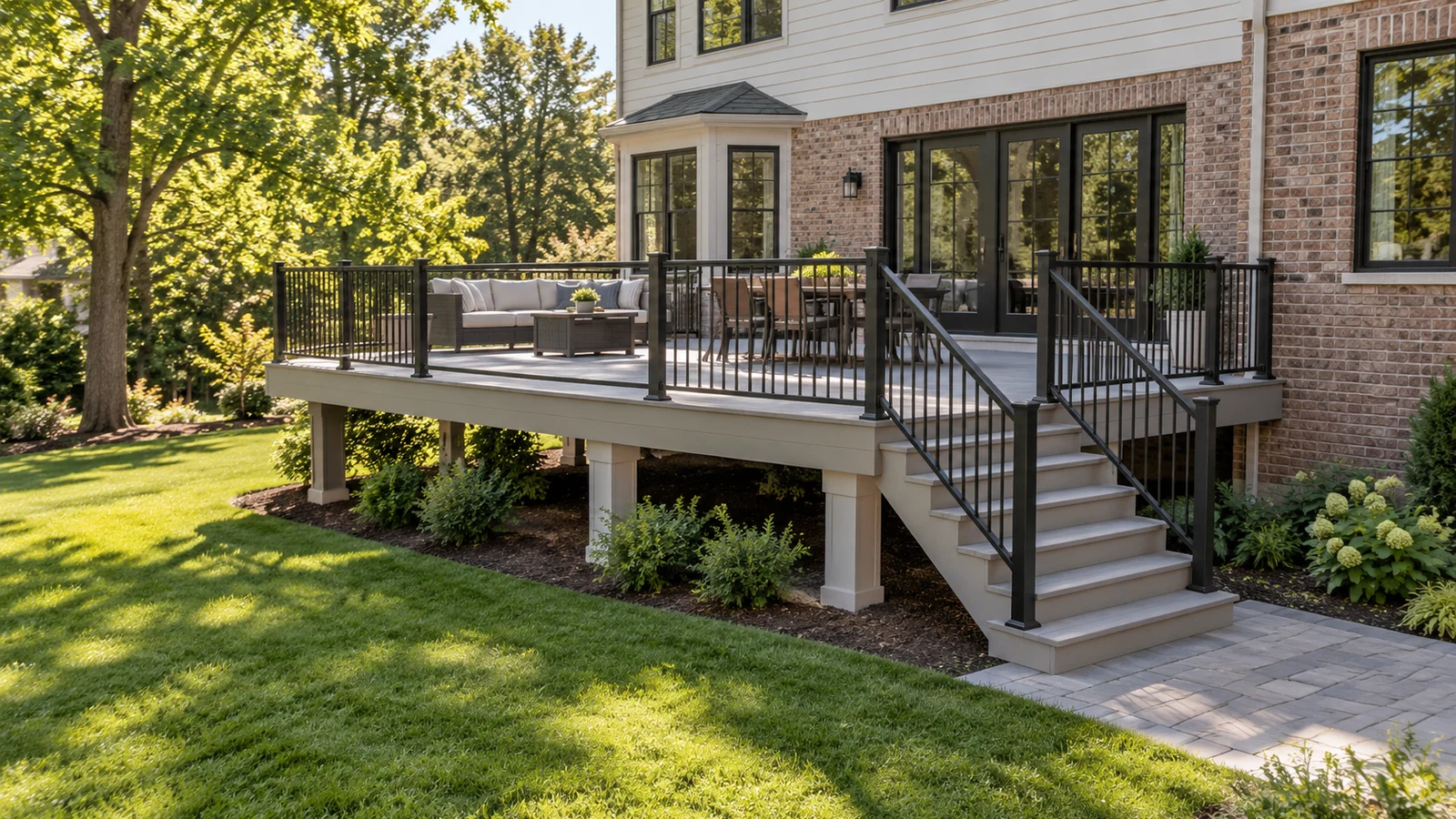 Light gray composite deck with black railings in a mix of direct sun and tree shade
