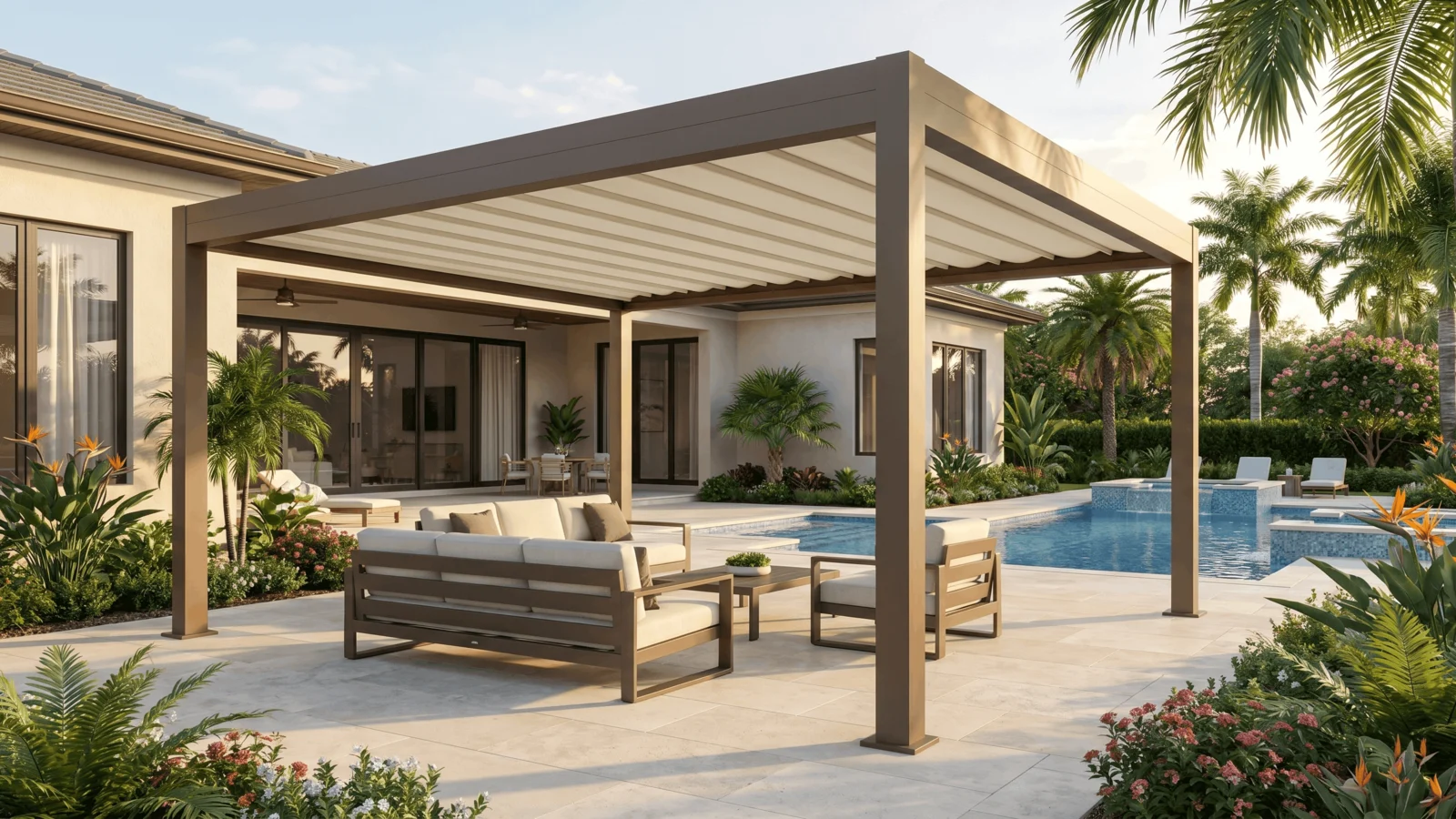 Bronze aluminum pergola with a fully extended white retractable fabric roof beside a residential pool