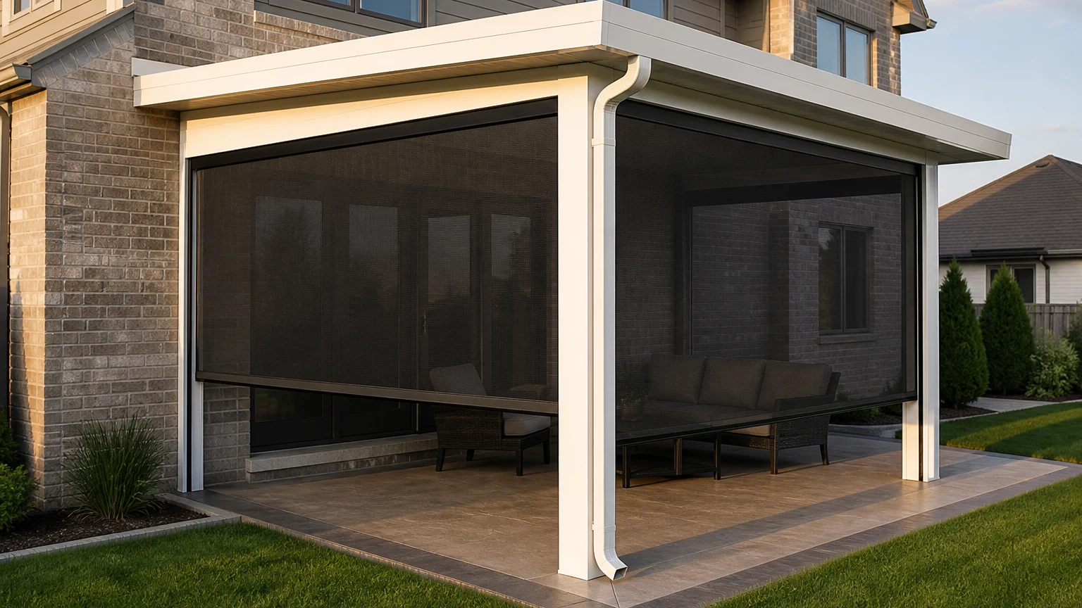 Dark retractable mesh screens lowered along two sides of a white solid-roof patio cover beside a brick home