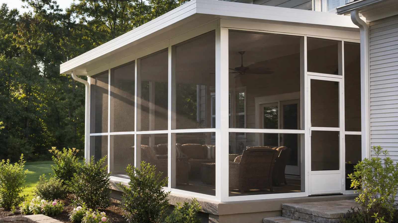 White aluminum screen room with visible insect mesh, a solid roof, gutters, and a screened door at a Greater Charlotte home