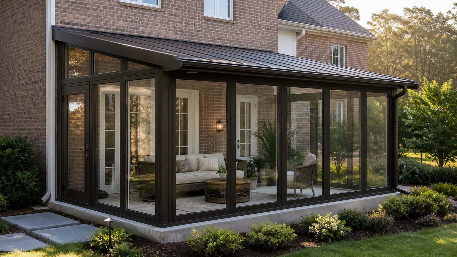 Dark aluminum sunroom attached to a brick Greater Charlotte home in warm morning light